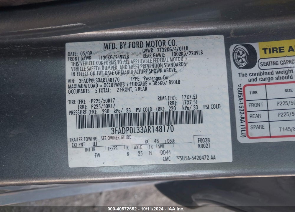 2010 FORD FUSION HYBRID VIN: 3FADP0L33AR148170