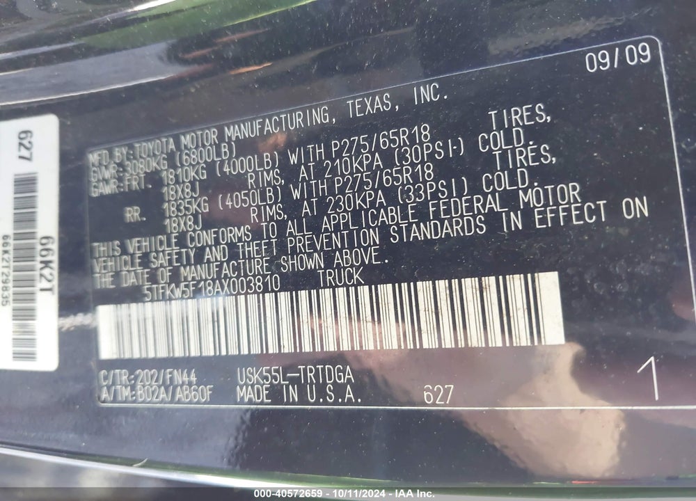 2010 TOYOTA TUNDRA GRADE 5.7L V8 VIN: 5TFKW5F18AX003810