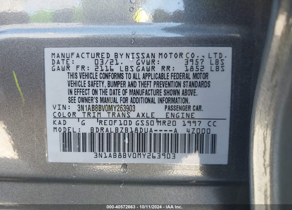 2021 NISSAN SENTRA S XTRONIC CVT VIN: 3N1AB8BV0MY263903