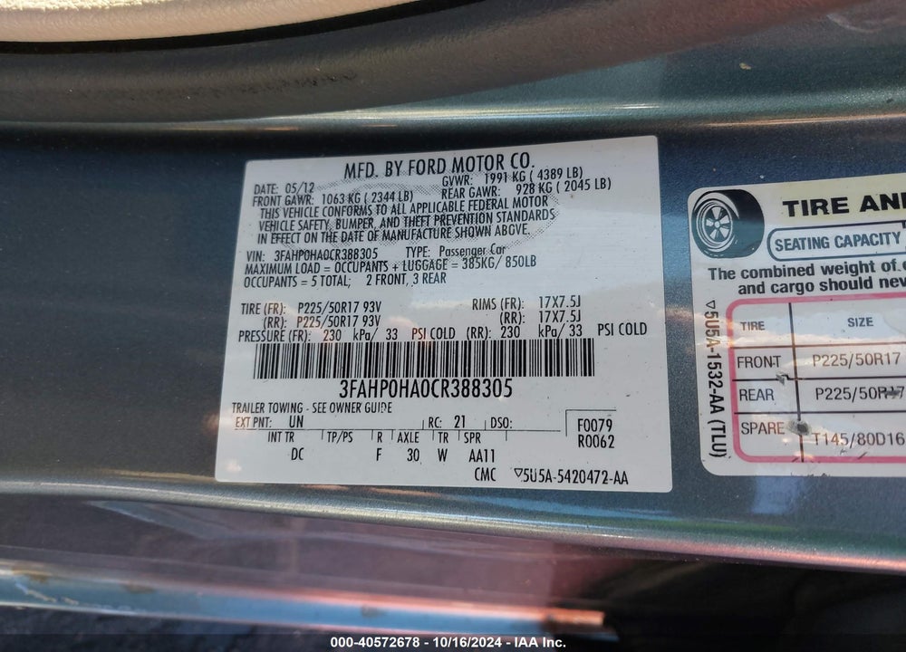 2012 FORD FUSION SE VIN: 3FAHP0HA0CR388305