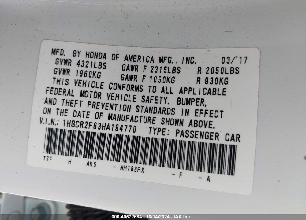 2017 HONDA ACCORD EX-L VIN: 1HGCR2F83HA194770