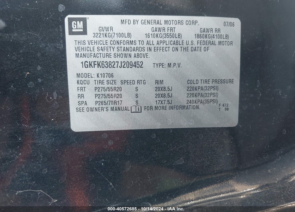2007 GMC YUKON DENALI VIN: 1GKFK63827J209452