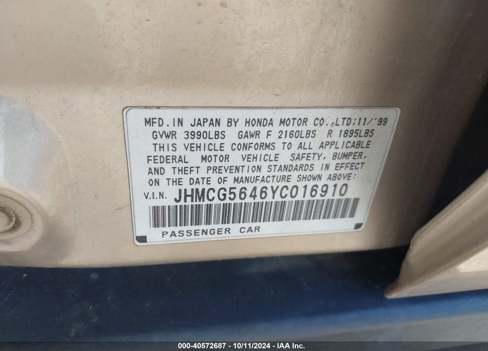 2000 HONDA ACCORD 2.3 LX VIN: JHMCG5646YC016910