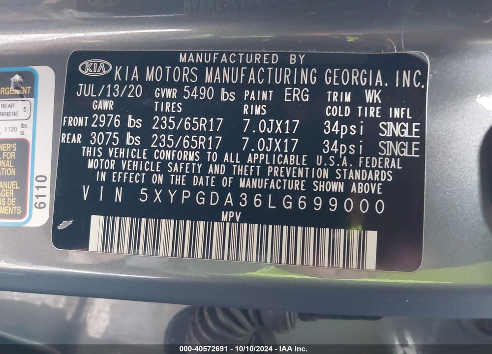 2020 KIA SORENTO 2.4L LX VIN: 5XYPGDA36LG699000