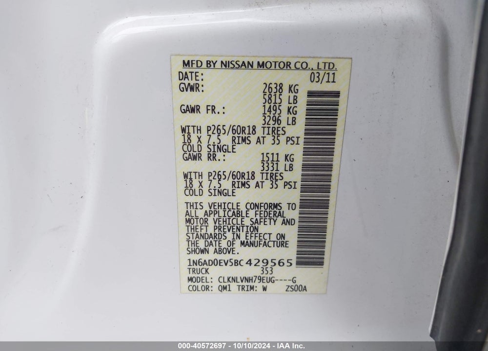2011 NISSAN FRONTIER SL VIN: 1N6AD0EV5BC429565