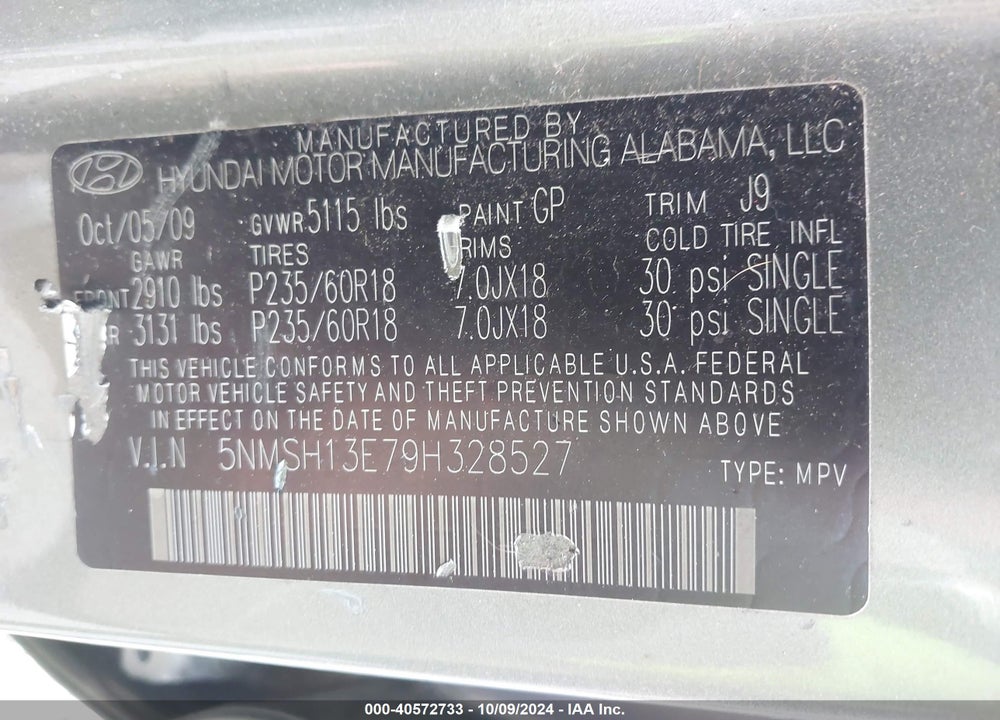 2009 HYUNDAI SANTA FE LIMITED VIN: 5NMSH13E79H328527