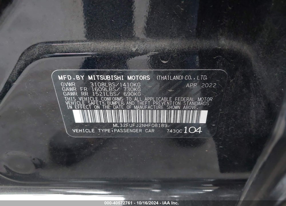 2022 MITSUBISHI MIRAGE G4 LE VIN: ML32FUFJ2NHF08189
