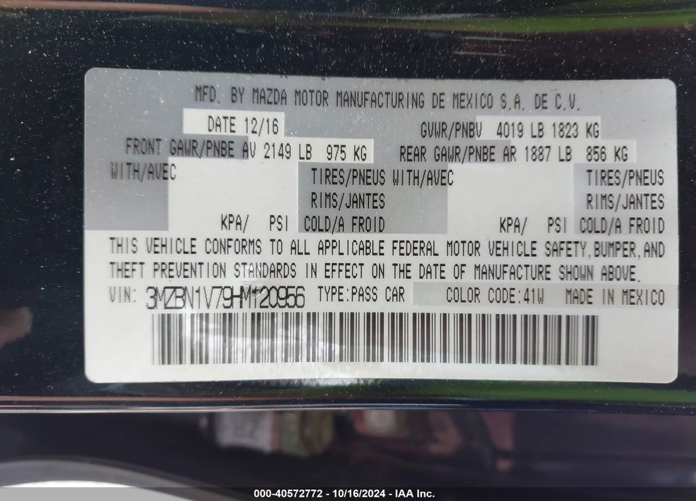 2017 MAZDA 3 4-DOOR TOURING VIN: 3MZBN1V79HM120956