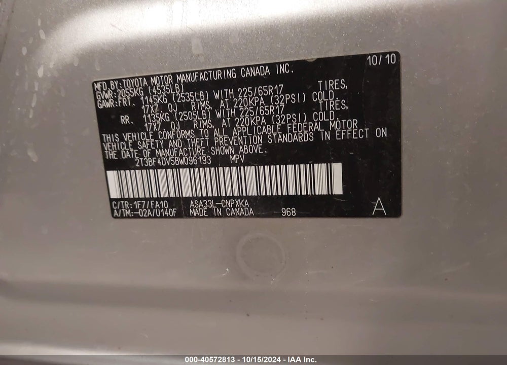 2011 TOYOTA RAV4 VIN: 2T3BF4DV5BW096193