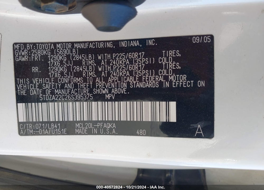 2006 TOYOTA SIENNA XLE LIMITED VIN: 5TDZA22C26S395375