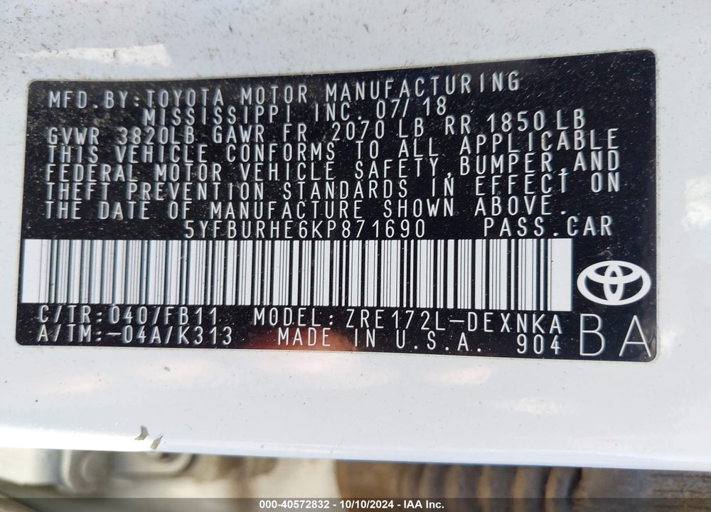 2019 TOYOTA COROLLA LE VIN: 5YFBURHE6KP871690