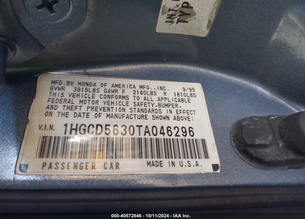 1996 HONDA ACCORD LX/EX VIN: 1HGCD5630TA046296