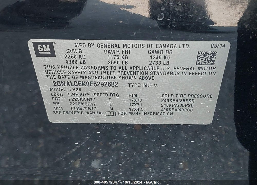 2014 CHEVROLET EQUINOX 2LT VIN: 2GNALCEK0E6292682