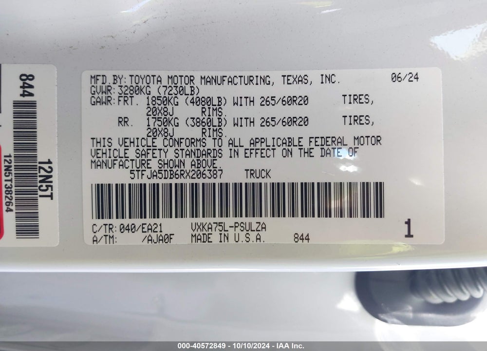2024 TOYOTA TUNDRA LIMITED VIN: 5TFJA5DB6RX206387