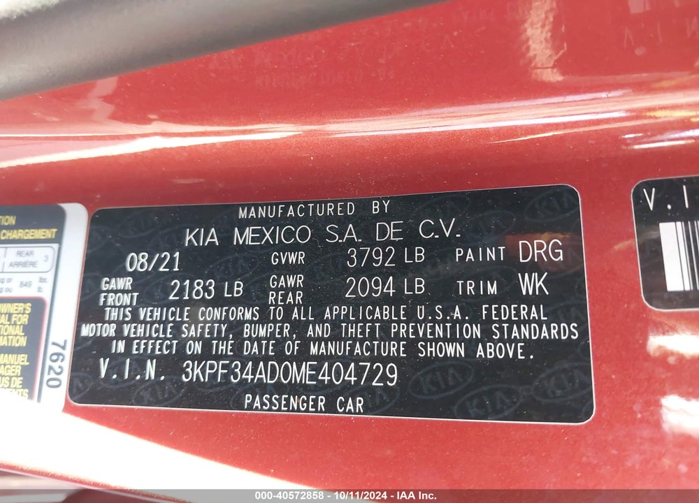 2021 KIA FORTE GT LINE VIN: 3KPF34AD0ME404729