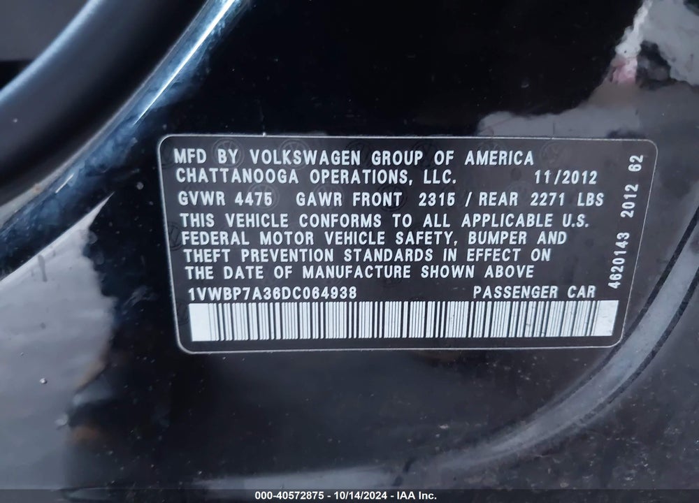 2013 VOLKSWAGEN PASSAT 2.5L SE VIN: 1VWBP7A36DC064938