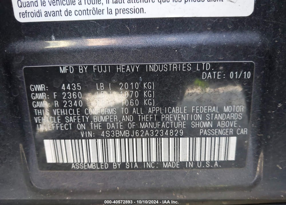 2010 SUBARU LEGACY 2.5I LIMITED VIN: 4S3BMBJ62A3234829
