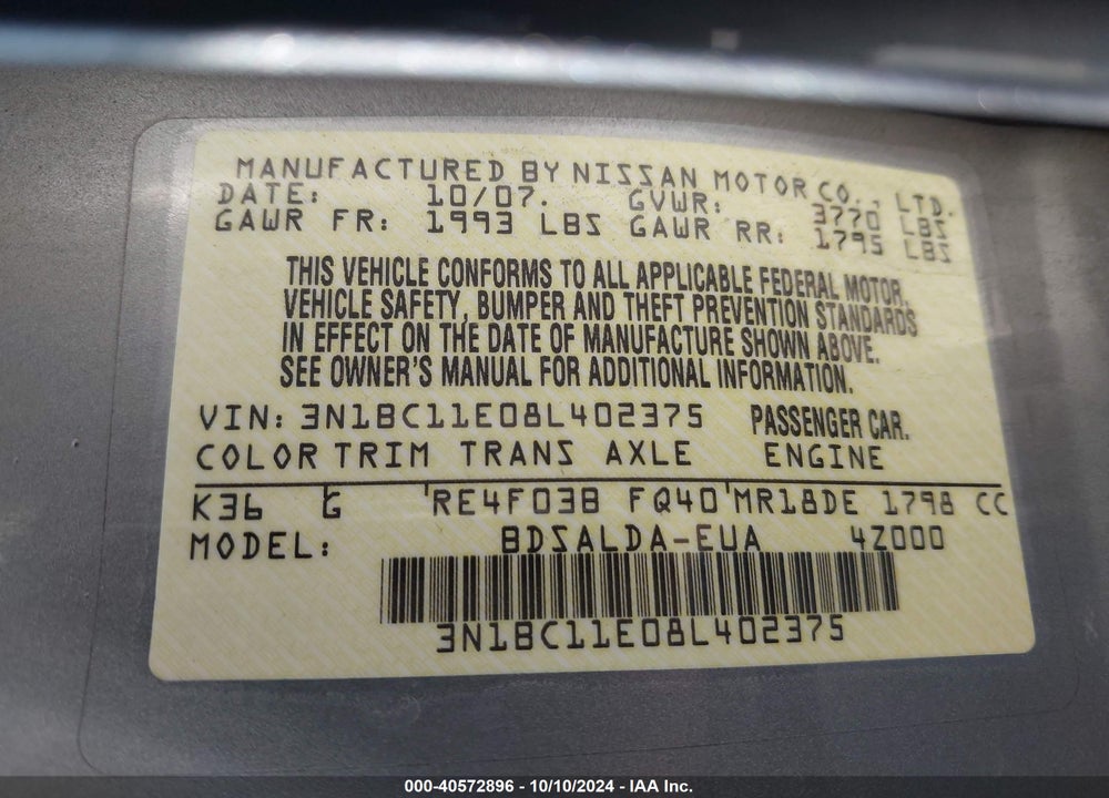 2008 NISSAN VERSA 1.8S VIN: 3N1BC11E08L402375