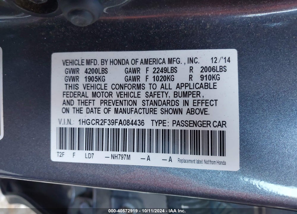 2015 HONDA ACCORD LX VIN: 1HGCR2F39FA084436