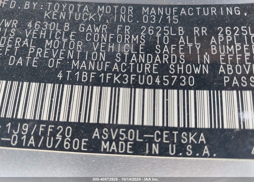 2015 TOYOTA CAMRY SE VIN: 4T1BF1FK3FU045730