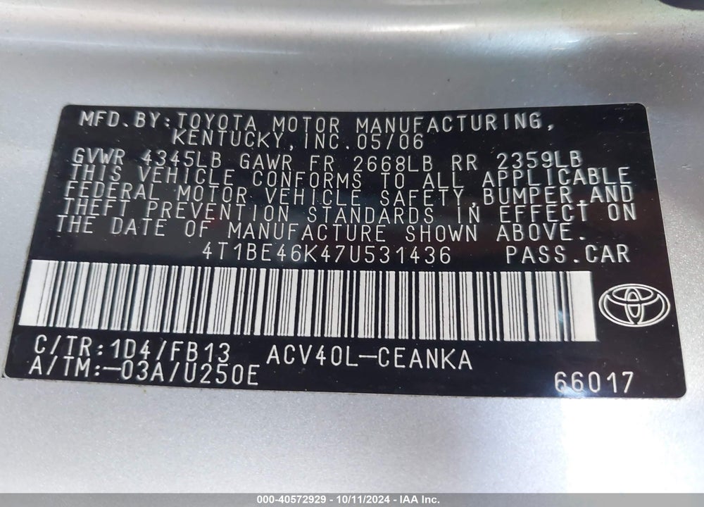 2007 TOYOTA CAMRY CE VIN: 4T1BE46K47U531436