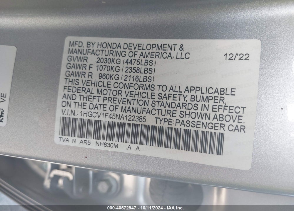 2022 HONDA ACCORD SPORT SPECIAL EDITION VIN: 1HGCV1F45NA122385