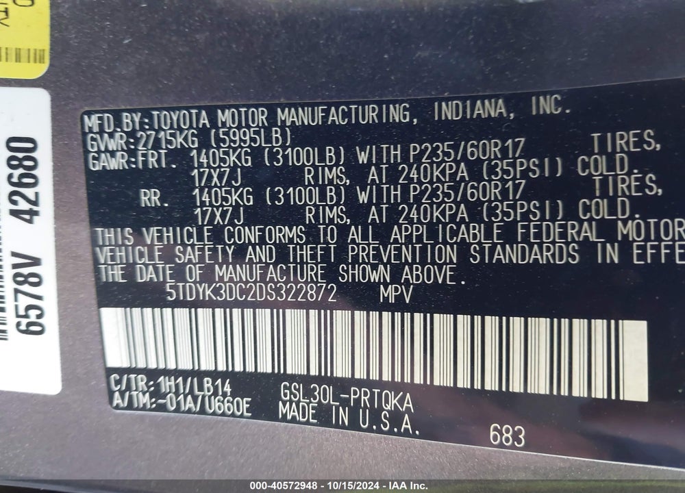 2013 TOYOTA SIENNA XLE V6 8 PASSENGER VIN: 5TDYK3DC2DS322872