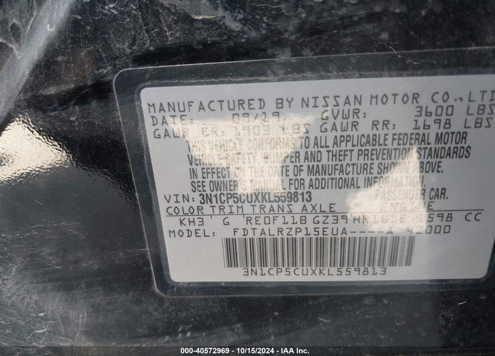 2019 NISSAN KICKS S VIN: 3N1CP5CUXKL559813