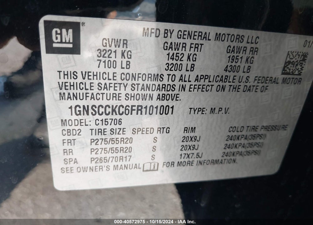 2015 CHEVROLET TAHOE LTZ VIN: 1GNSCCKC6FR101001