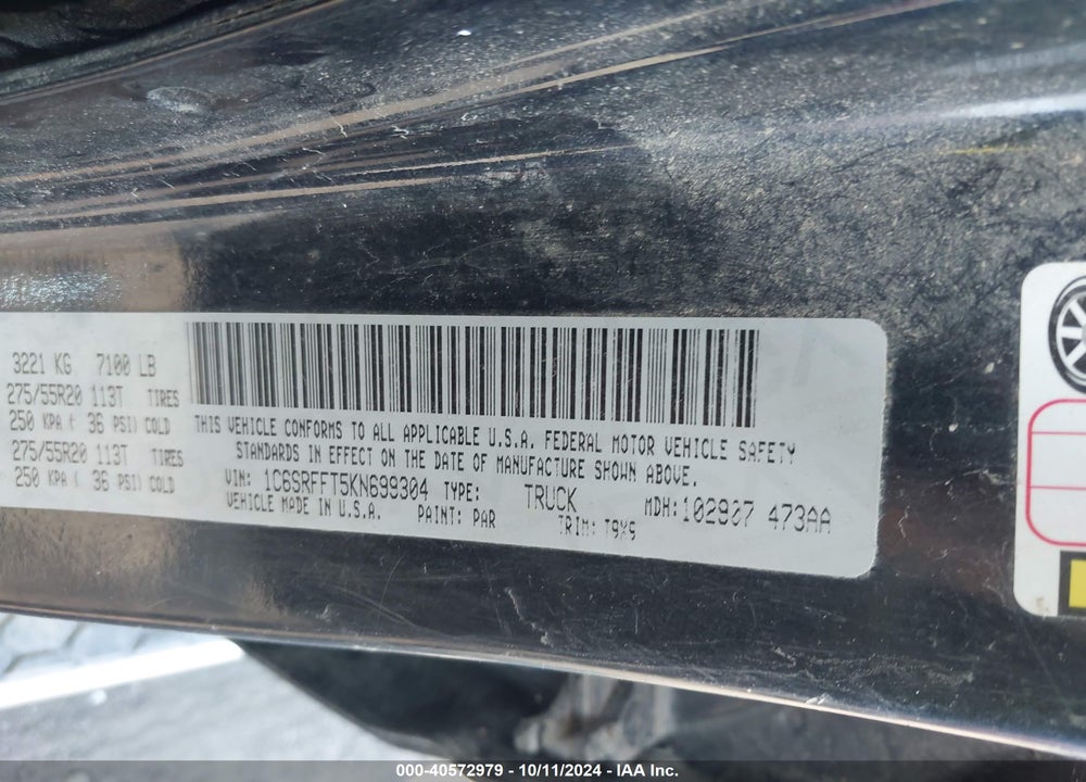 2019 RAM 1500 VIN: 1C6SRFFT5KN699304