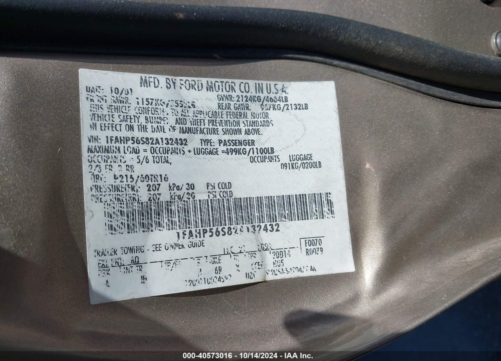 2002 FORD TAURUS SEL VIN: 1FAHP56S82A132432