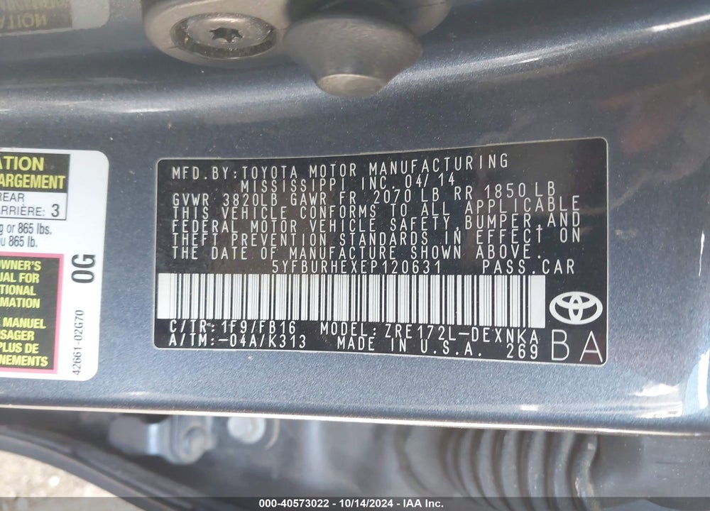 2014 TOYOTA COROLLA LE PLUS VIN: 5YFBURHEXEP120631