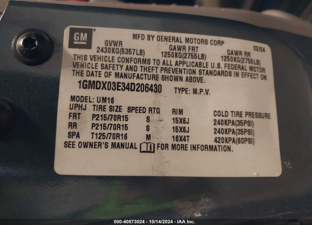 2004 PONTIAC MONTANA M16 W/1SA PKG. VIN: 1GMDX03E34D206430