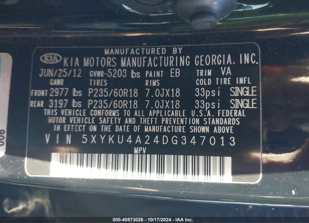 2013 KIA SORENTO EX V6 VIN: 5XYKU4A24DG347013