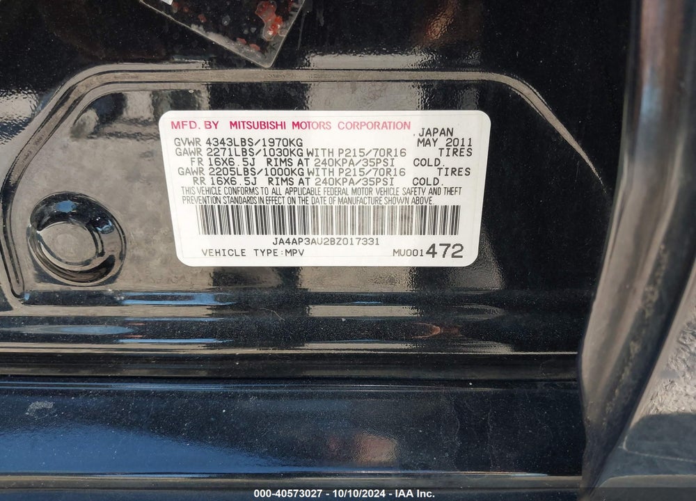 2011 MITSUBISHI OUTLANDER SPORT ES VIN: JA4AP3AU2BZ017331