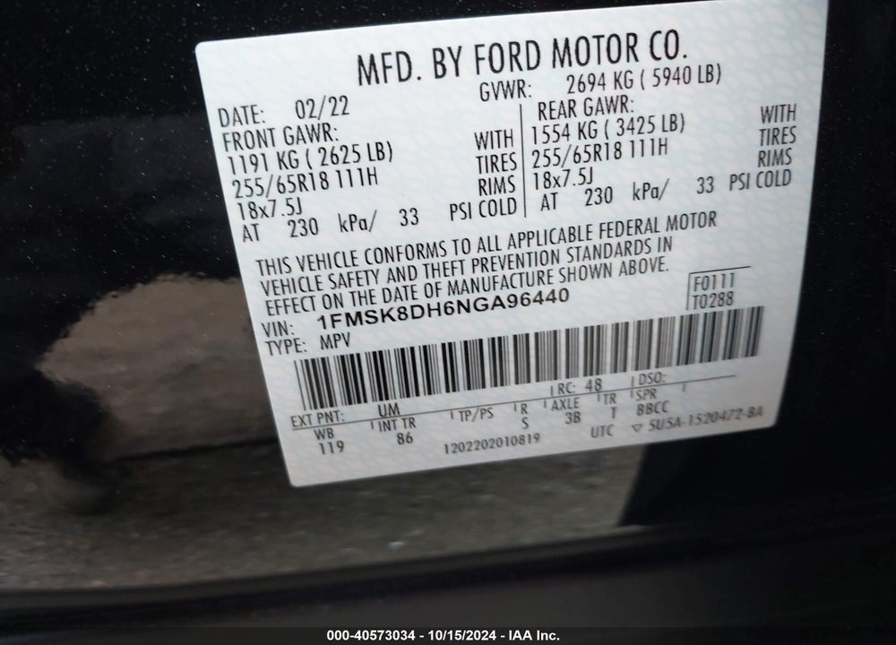 2022 FORD EXPLORER XLT VIN: 1FMSK8DH6NGA96440
