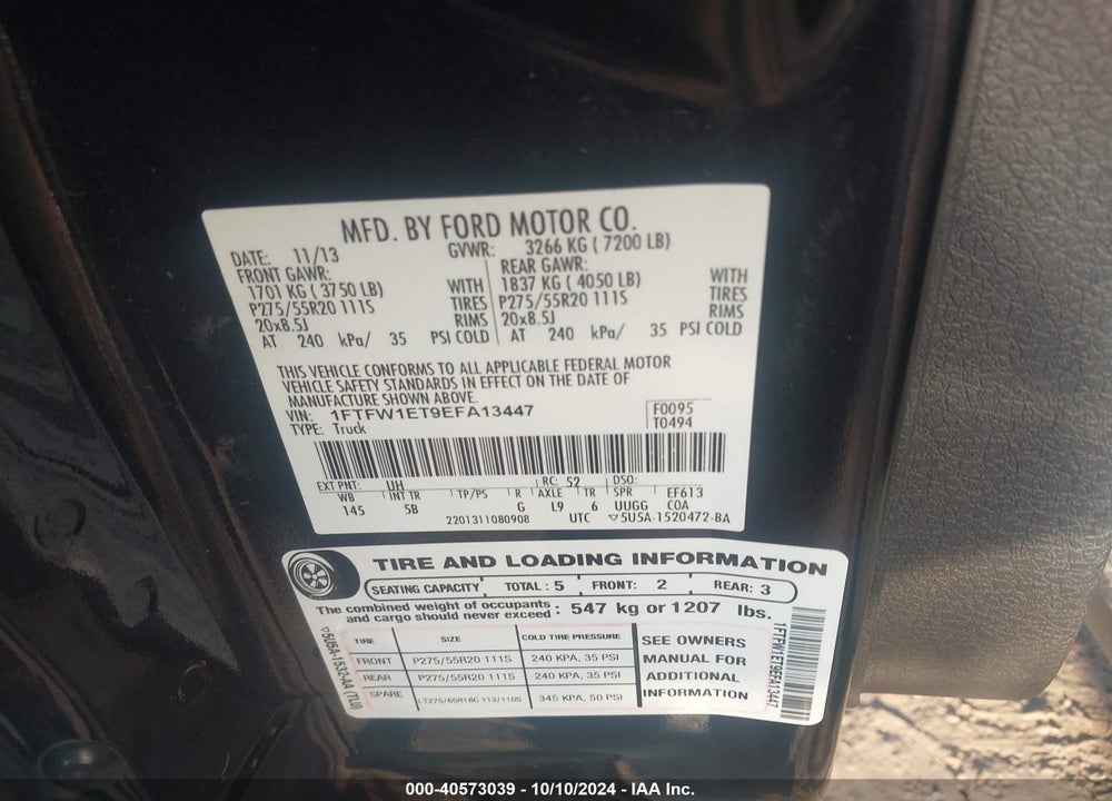 2014 FORD F-150 FX4 VIN: 1FTFW1ET9EFA13447