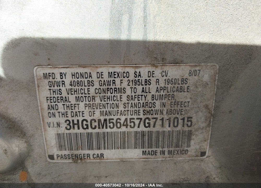 2007 HONDA ACCORD 2.4 LX VIN: 3HGCM56457G711015