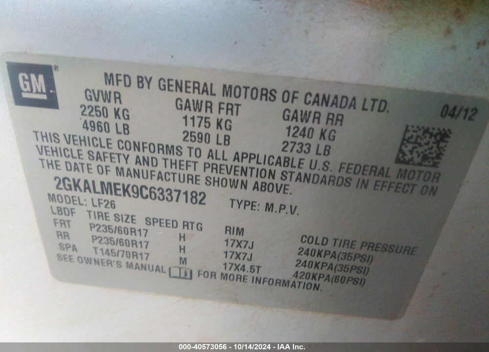 2012 GMC TERRAIN SLE-1 VIN: 2GKALMEK9C6337182