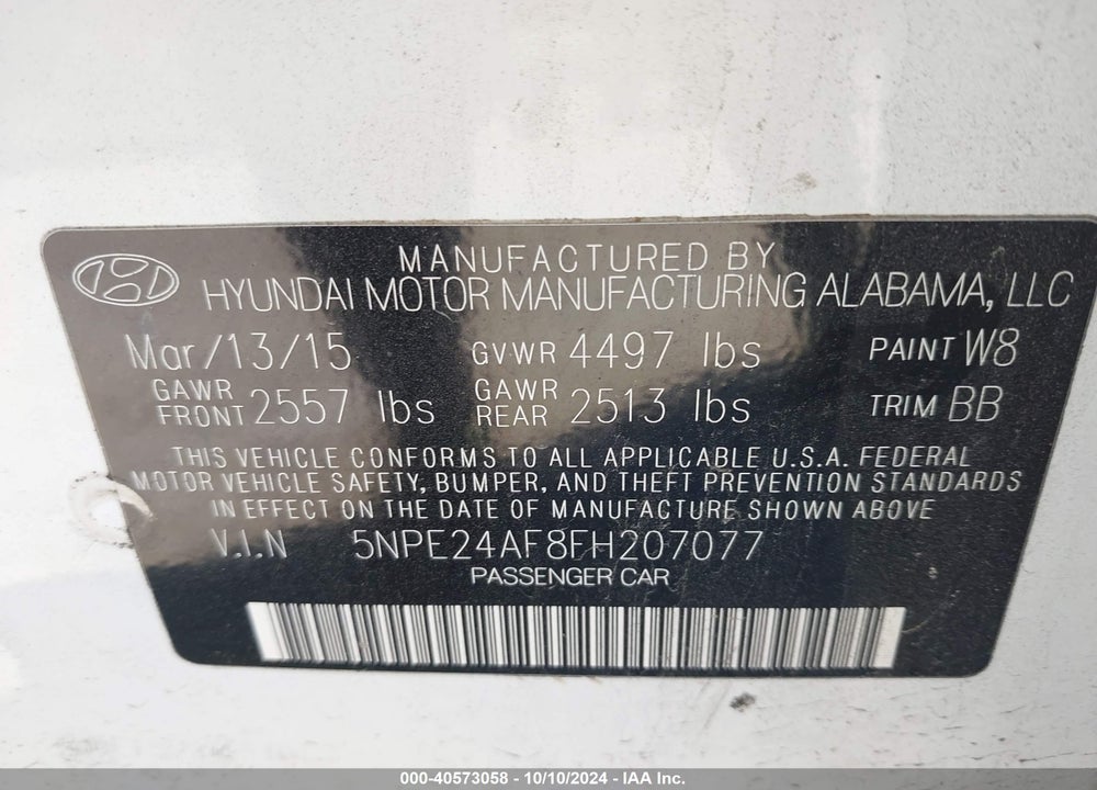2015 HYUNDAI SONATA SE VIN: 5NPE24AF8FH207077