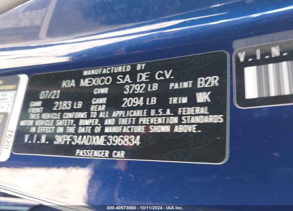 2021 KIA FORTE GT LINE VIN: 3KPF34ADXME396834