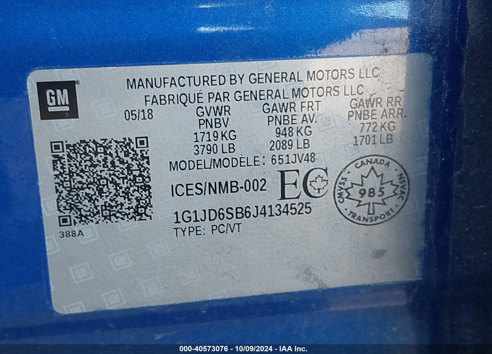 2018 CHEVROLET SONIC VIN: 1G1JD6SB6J4134525