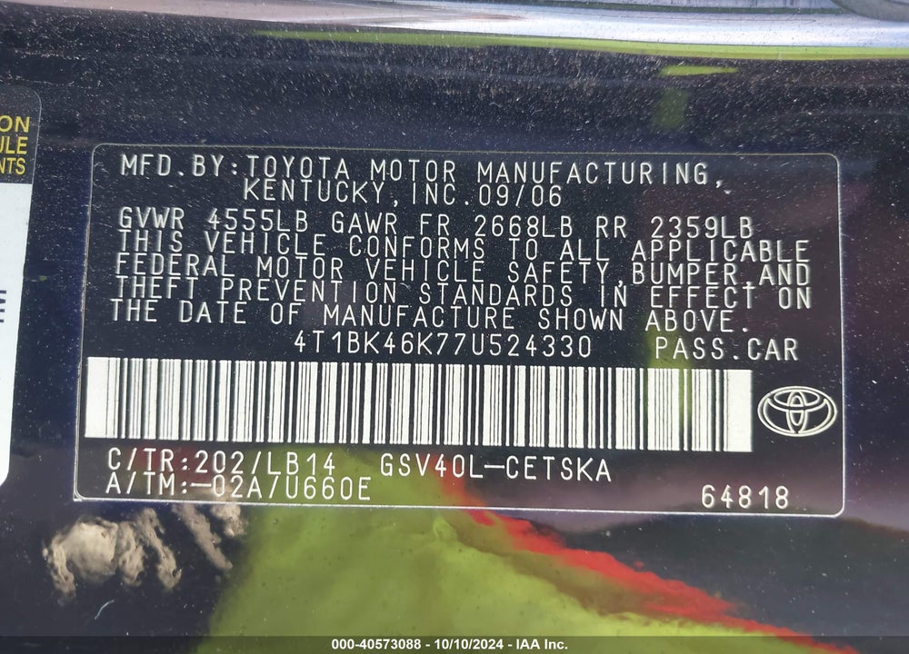 2007 TOYOTA CAMRY SE V6 VIN: 4T1BK46K77U524330