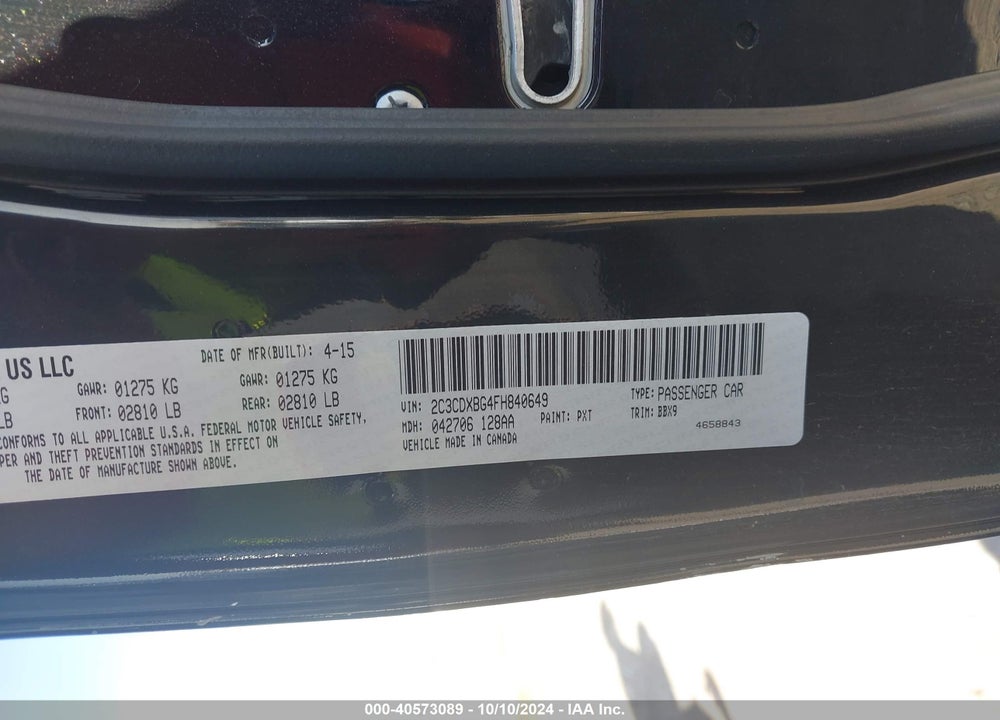 2015 DODGE CHARGER SE VIN: 2C3CDXBG4FH840649