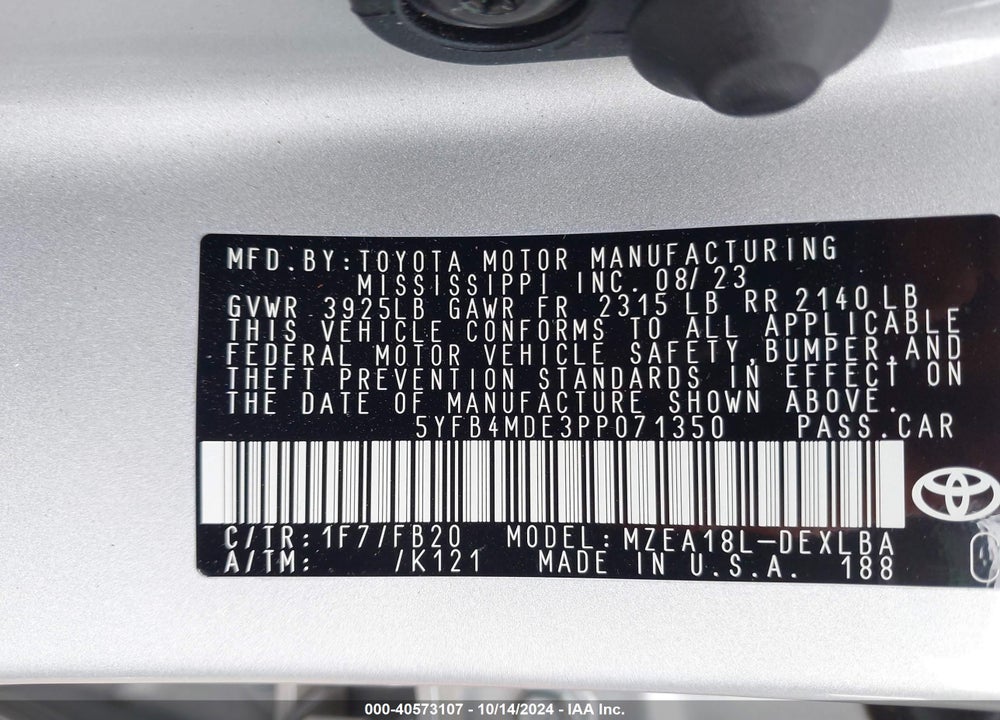 2023 TOYOTA COROLLA LE VIN: 5YFB4MDE3PP071350