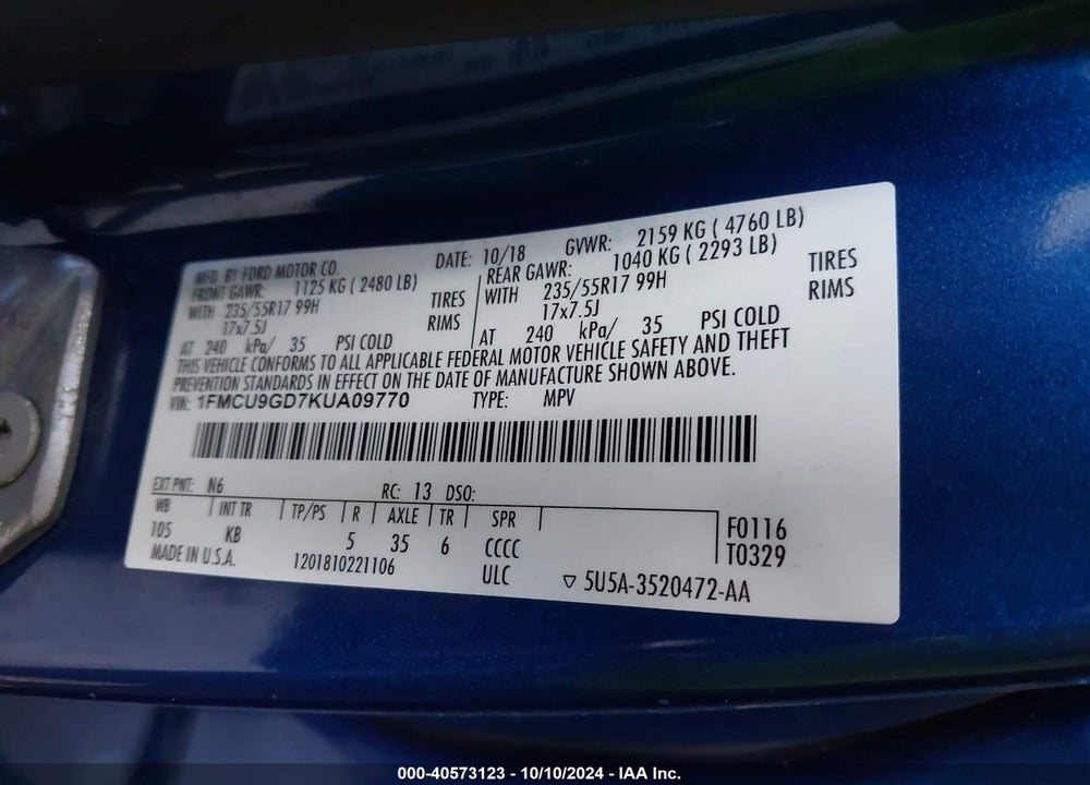 2019 FORD ESCAPE SE VIN: 1FMCU9GD7KUA09770
