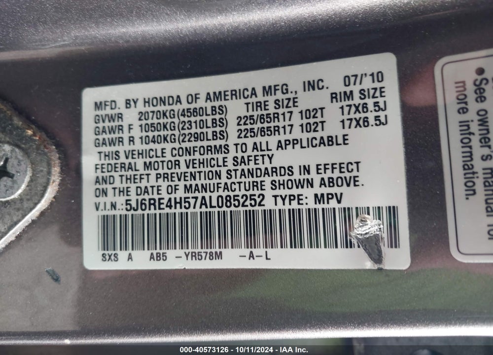 2010 HONDA CR-V EX VIN: 5J6RE4H57AL085252