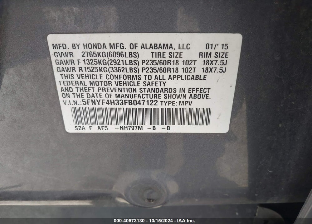 2015 HONDA PILOT SE VIN: 5FNYF4H33FB047122