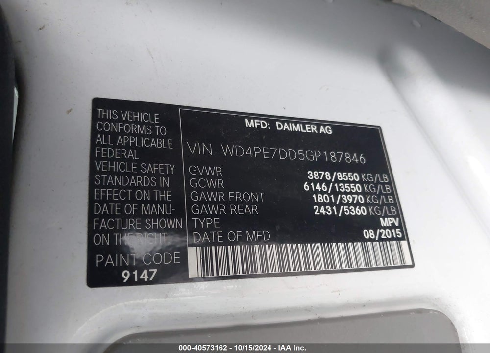 2016 MERCEDES-BENZ SPRINTER 2500 NORMAL ROOF VIN: WD4PE7DD5GP187846