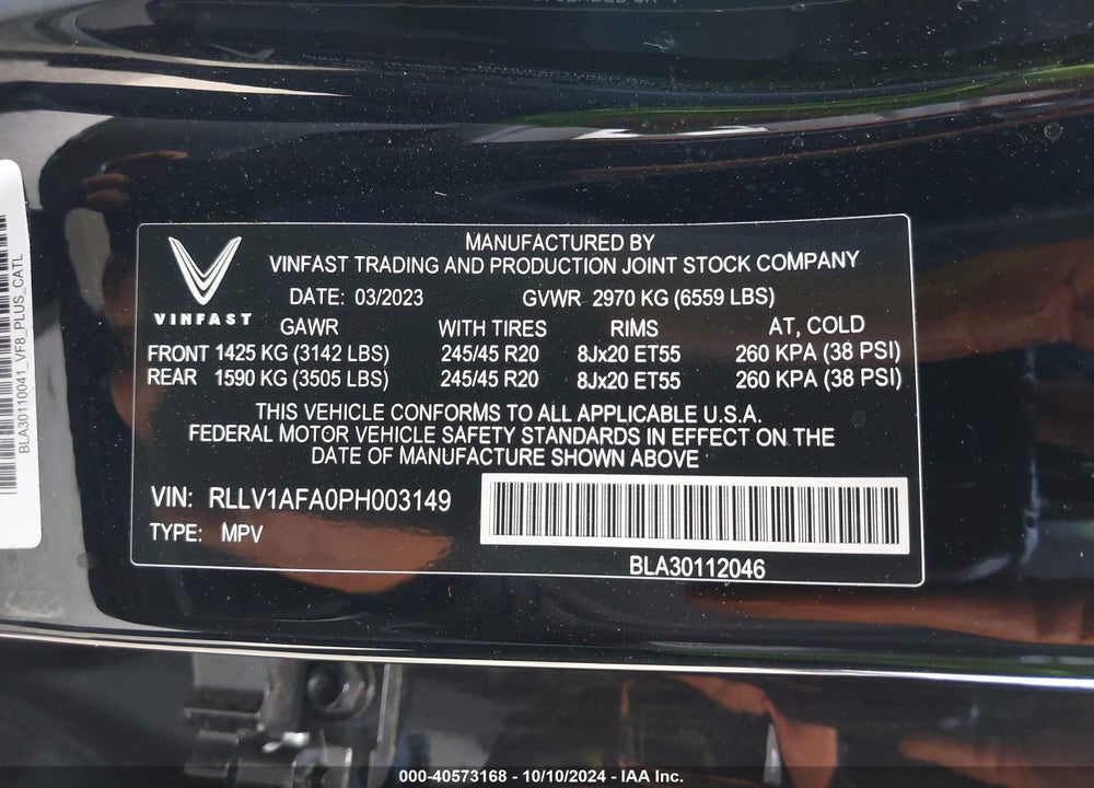 2023 VINFAST VF 8 PLUS VIN: RLLV1AFA0PH003149